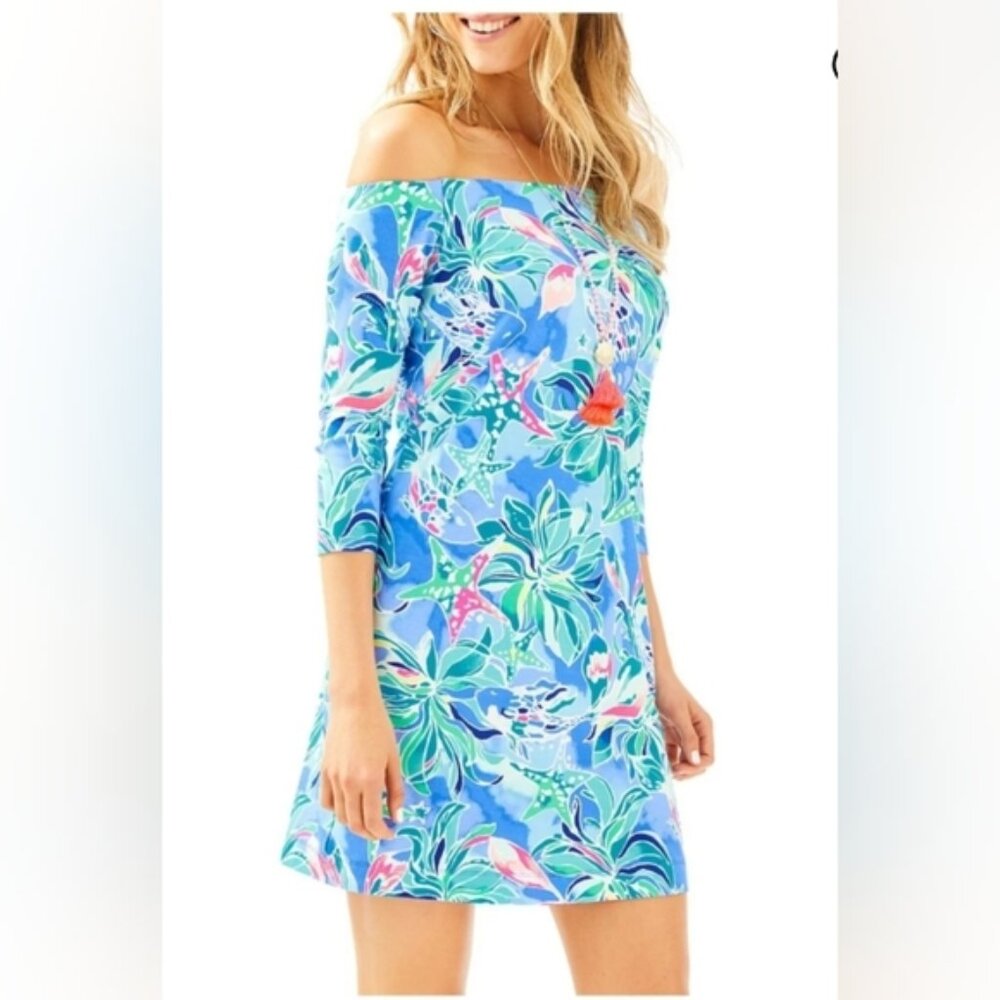 NWT Lilly Pulitzer Laurana Off Shoulder Dress Size XL Celestial Seas Bennet Blue